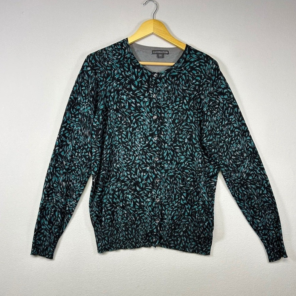 Abstract Office Wear Covington Cardigan Sweater Women XL Teal Black Leaf Print